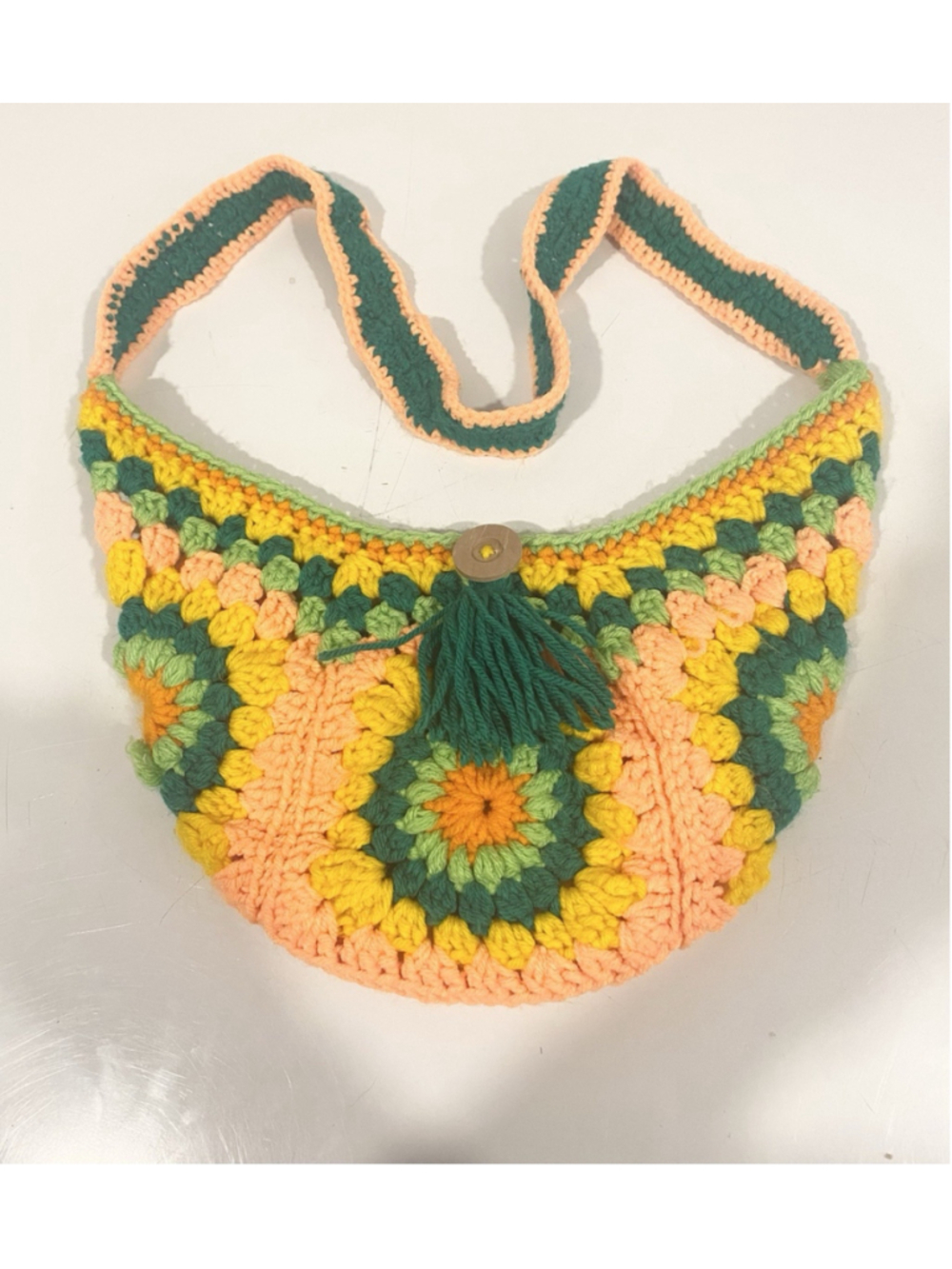 Handmade Crochet Granny Square Shoulder Bag Purse Retro Boho Green Orange